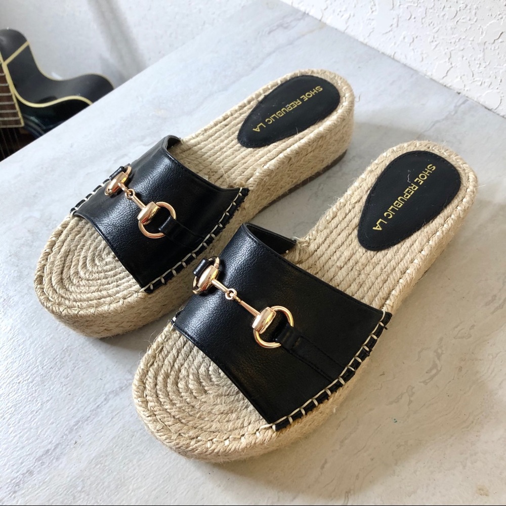 Shoe Republic LA Smooth Upper Buckle Detail Espadrille Wedge Sandals